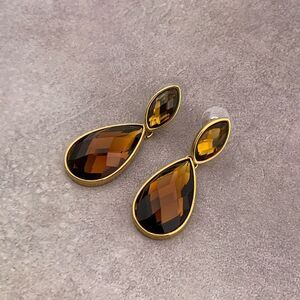 VTG Joan Rivers Large Amber Glass Color Tear Drop Faceted Gold Tone Earrings